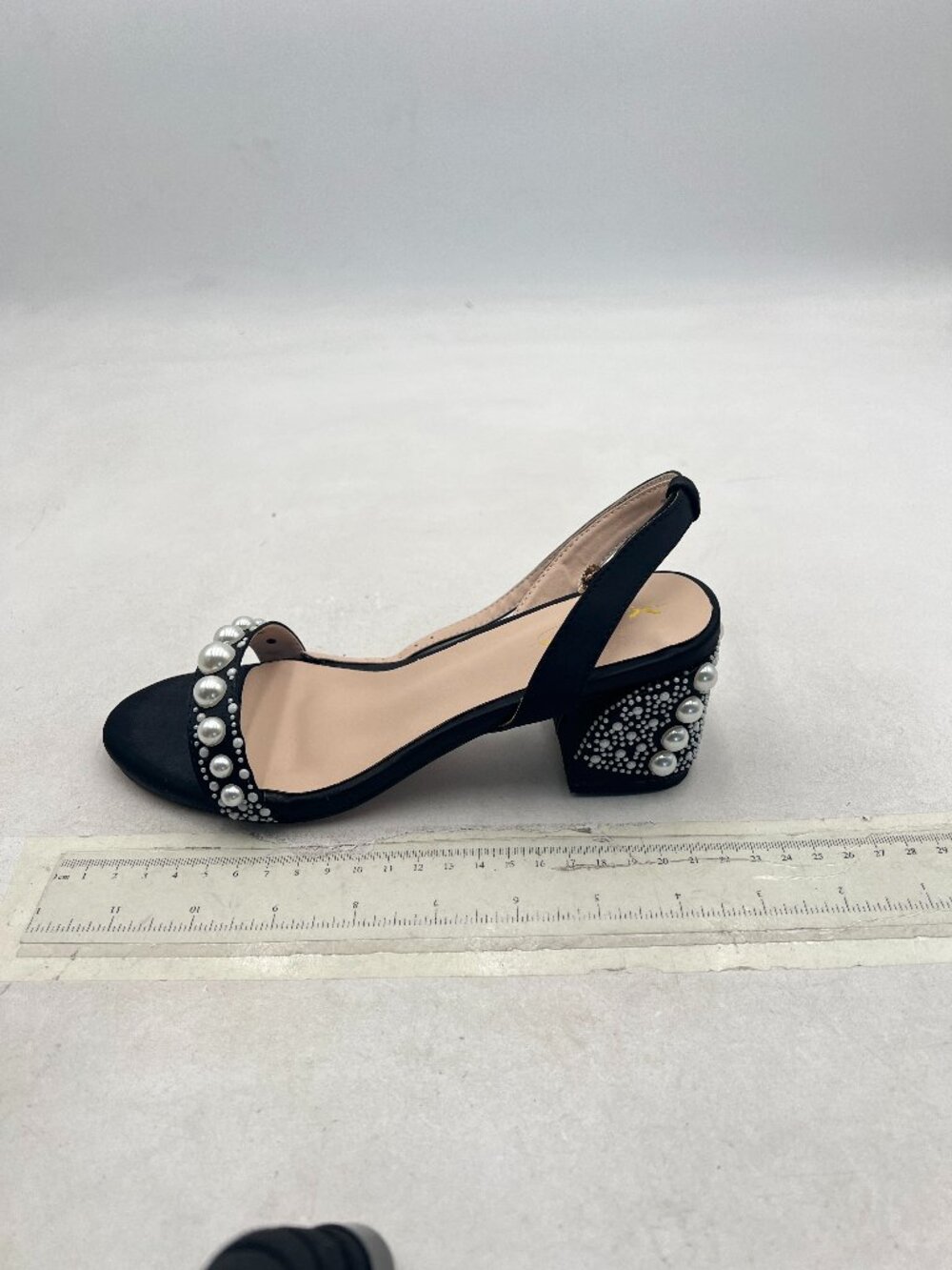 XYD Black Ankle Strap Low Heel Chunky Sandals Multi-sized Pearls Open Toe Shoes
